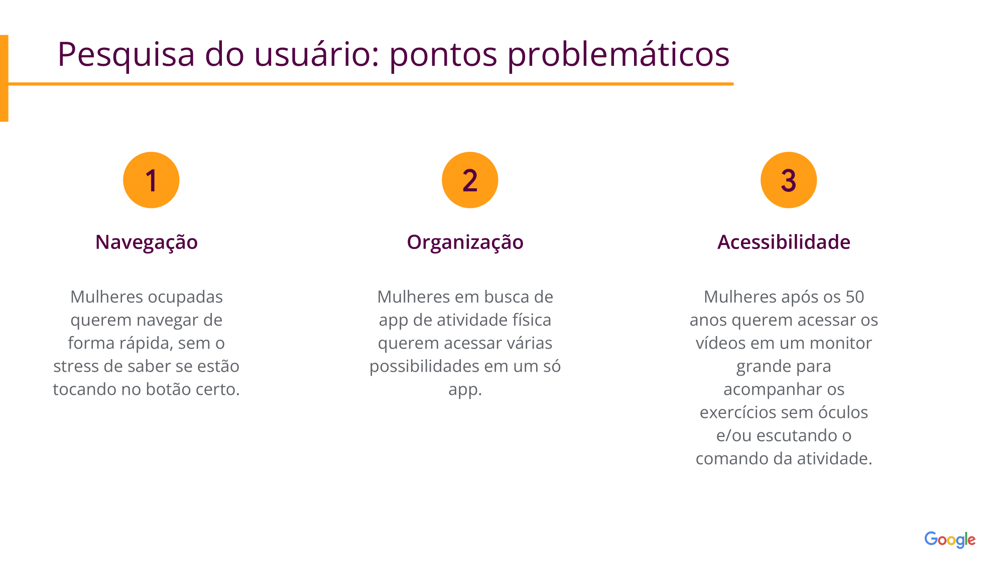 Pesquisa do usuário: pontos problemáticos : Navegação: Mulheres ocupadas querem navegar de forma rápida, sem o stress de saber se estão tocando no botão certo. Organização: Mulheres em busca de app de atividade física querem acessar várias possibilidades em um só app. Acessibilidade: Mulheres após os 50 anos querem acessar os vídeos em um monitor grande para acompanhar os exercícios sem óculos e/ou escutando o comando da atividade.