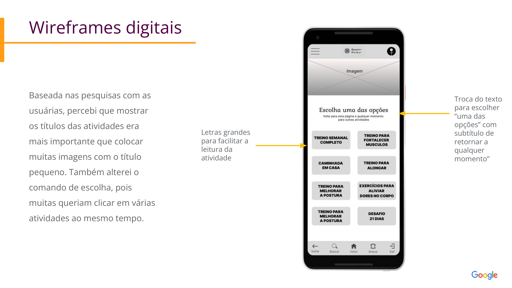 Wireframes digitais : Baseada nas pesquisas com as usuárias, percebi que mostrar os títulos das atividades era mais importante que colocar muitas imagens com o título pequeno. Também alterei o comando de escolha, pois muitas queriam clicar em várias atividades ao mesmo tempo.