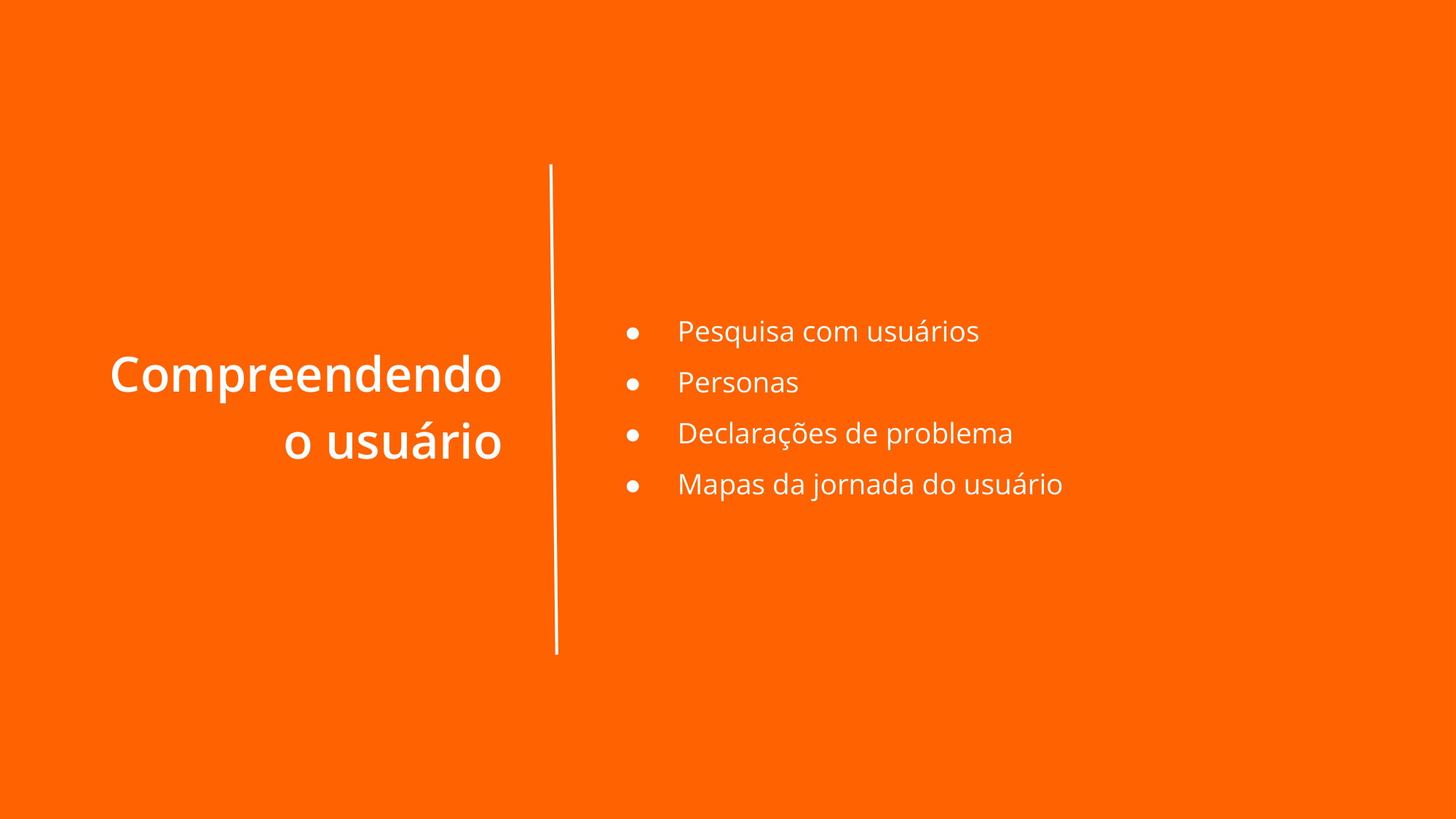 Compreendendo o usuário Pesquisa com usuários Personas Declarações de problema Mapas da jornada do usuário 