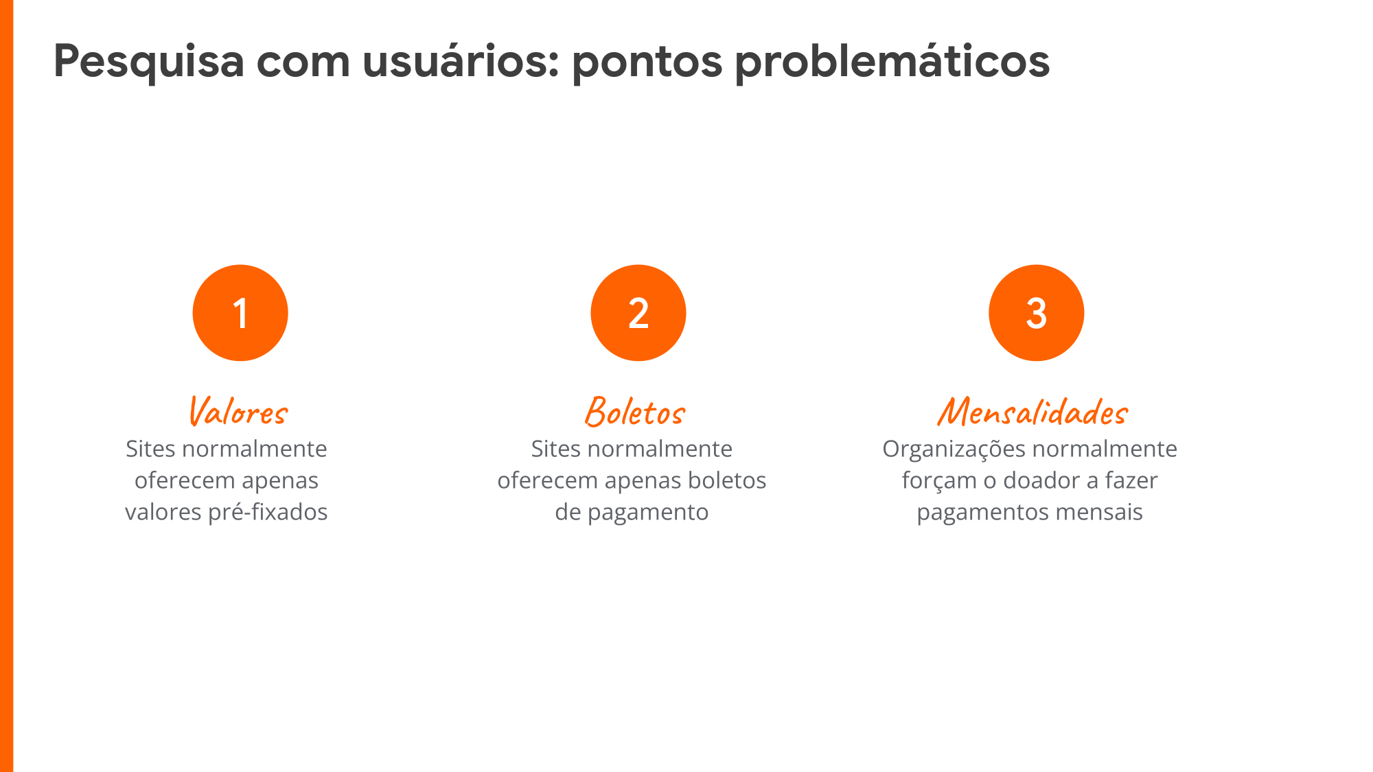 Valores: Sites normalmente oferecem apenas valores pré-fixados Boletos: Sites normalmente oferecem apenas boletos de pagamento Mensalidades: Organizações normalmente forçam o doador a fazer pagamentos mensais