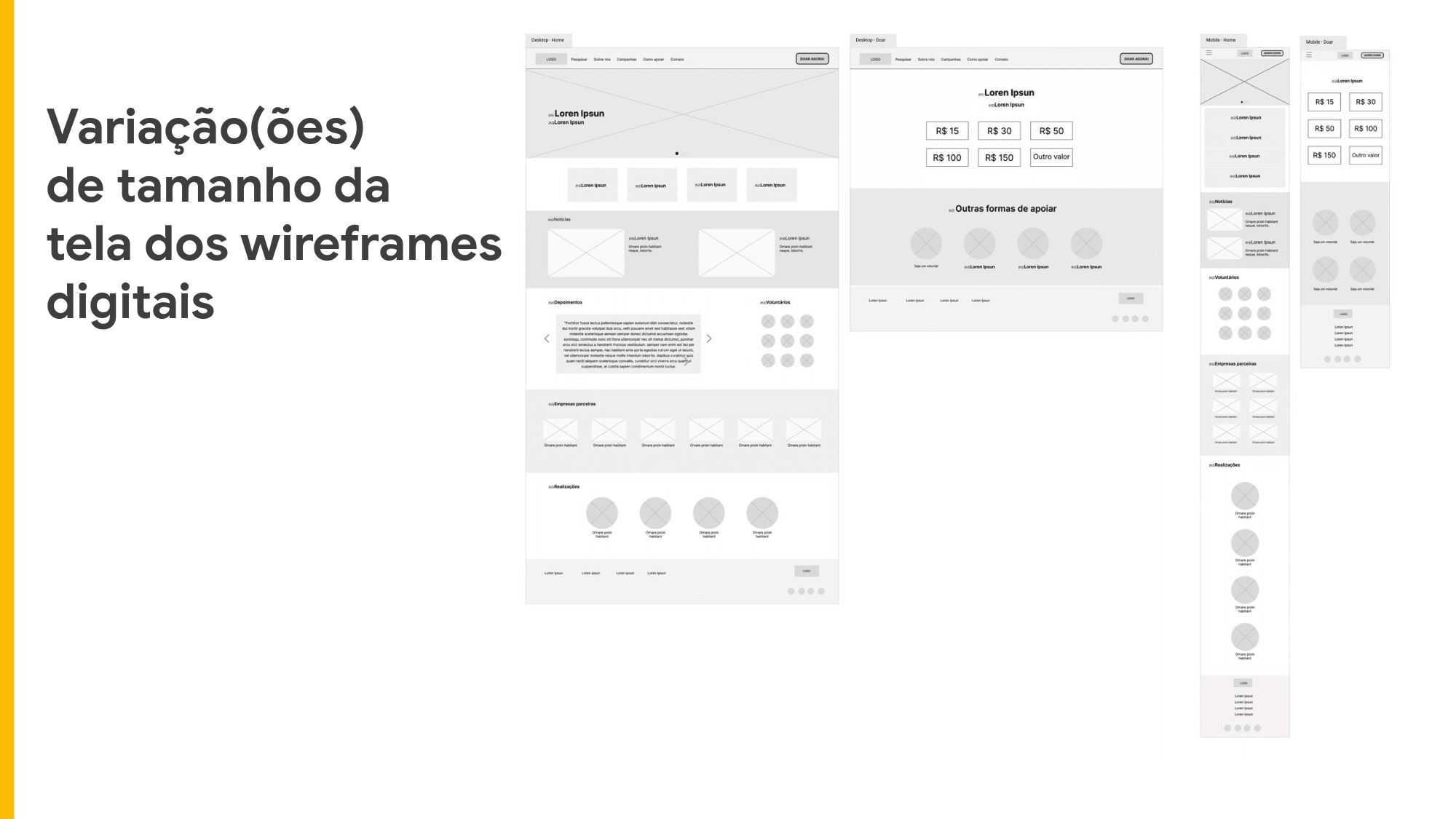 Imagem com Variações de tamanho da  tela dos wireframes digitais  