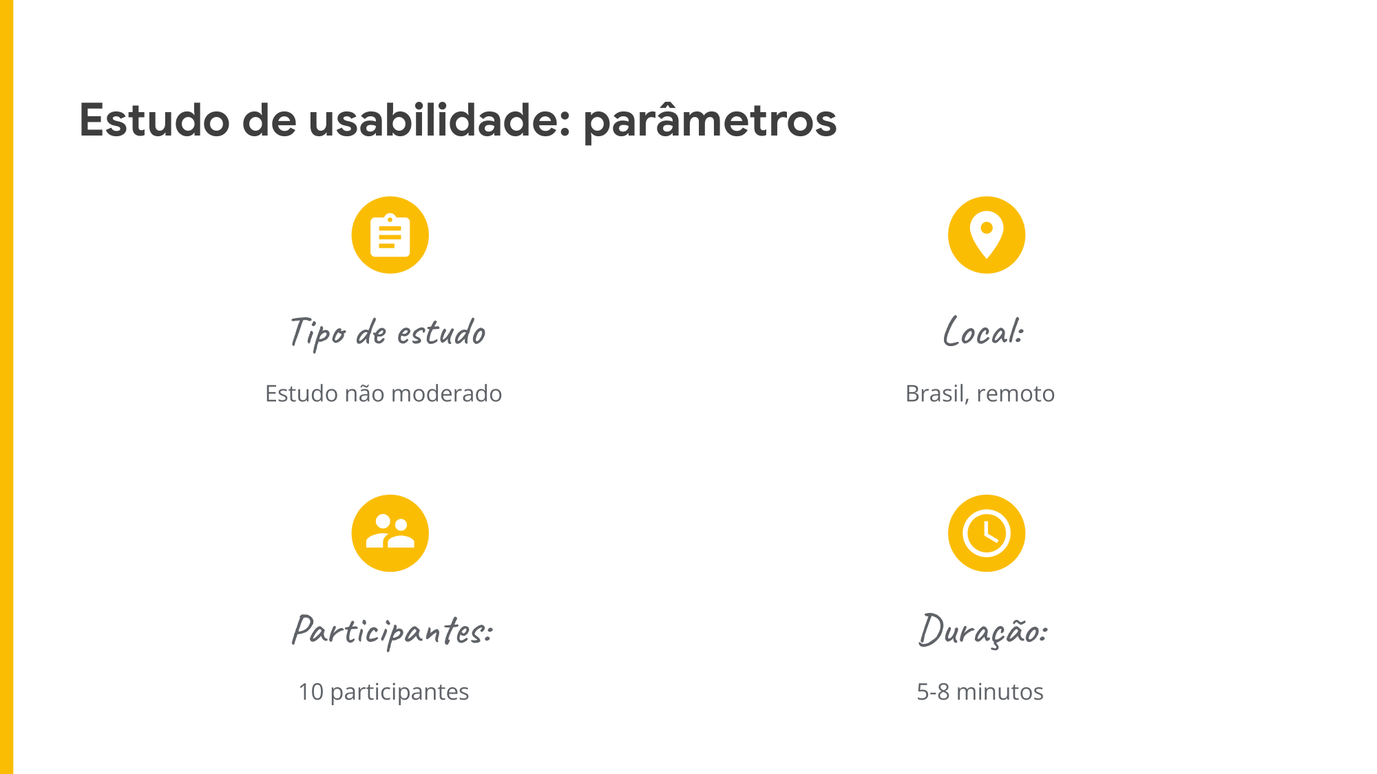 Estudo de usabilidade: Parâmetros Tipo de estudo Estudo não moderado Local: Brasil, remoto  Participantes: 10 participantes Duração: 5-8 minutos 