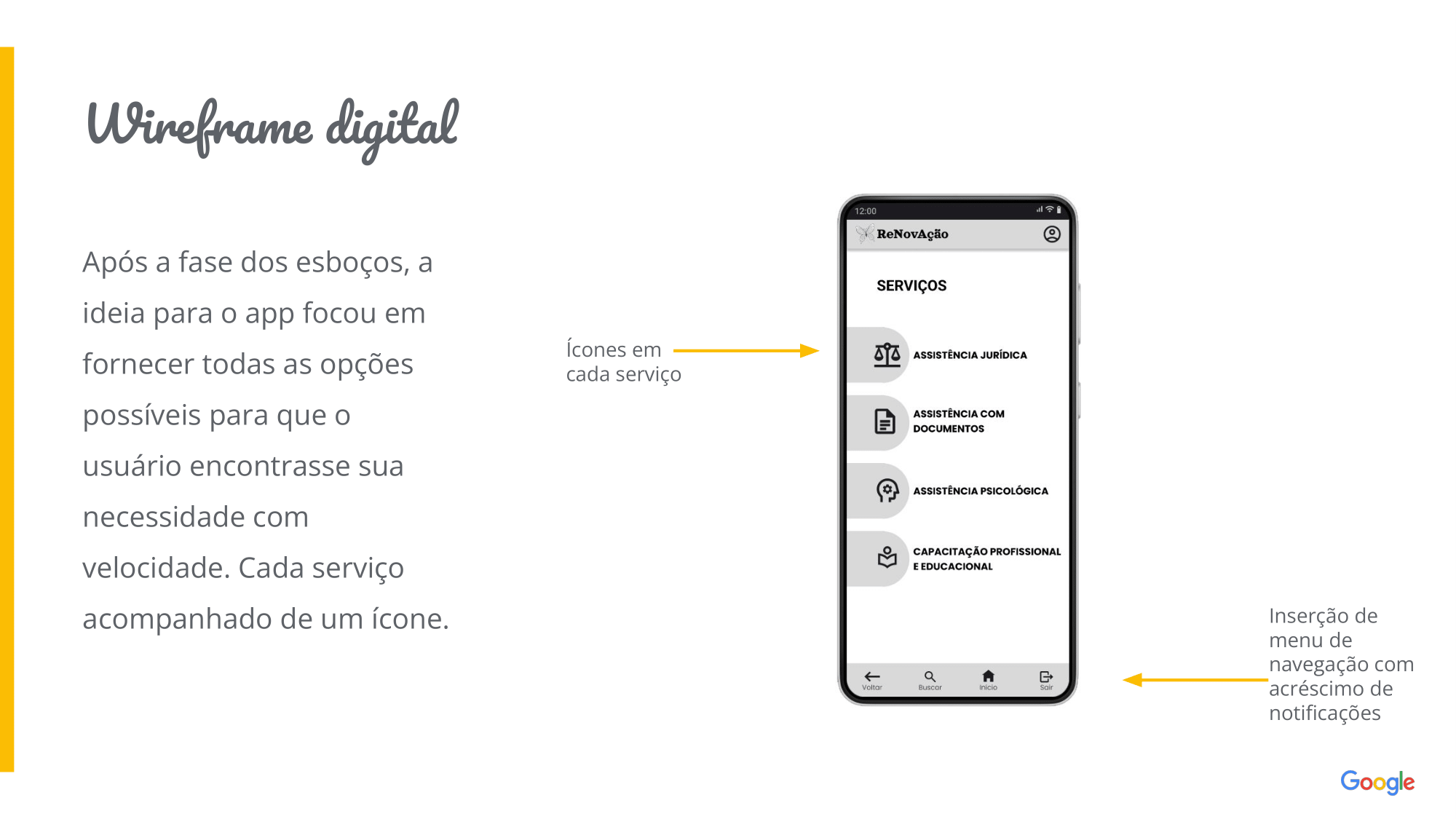 Wireframe digital: Após a fase dos esboços, a ideia para o app focou em fornecer todas as opções possíveis para que o usuário encontrasse sua necessidade com velocidade. Cada serviço acompanhado de um ícone. 