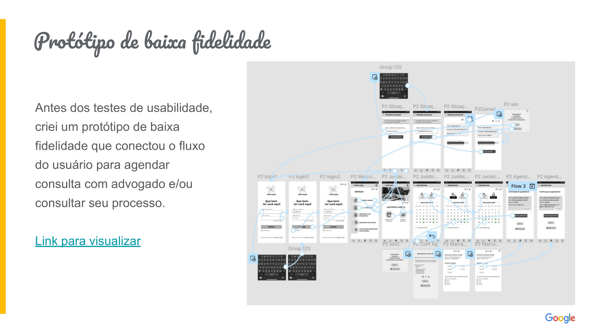 Antes dos testes de usabilidade, criei um protótipo de baixa fidelidade que conectou o fluxo do usuário para agendar consulta com advogado e/ou consultar seu processo. Link para oprotótipo de baixa fidelidade.