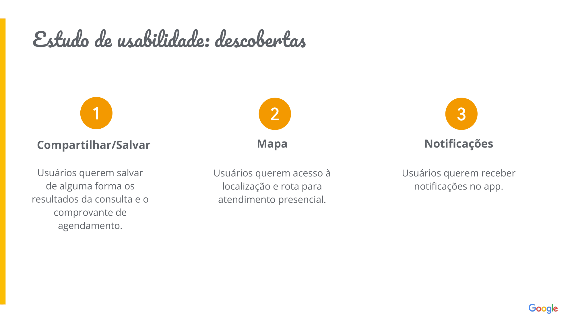 Descoberrtas do estudo de usabilidade: Usuários querem salvar de alguma forma os resultados da consulta e o comprovante de agendamento. Usuários querem acesso à localização e rota para atendimento presencial. Usuários querem receber notificações no app.