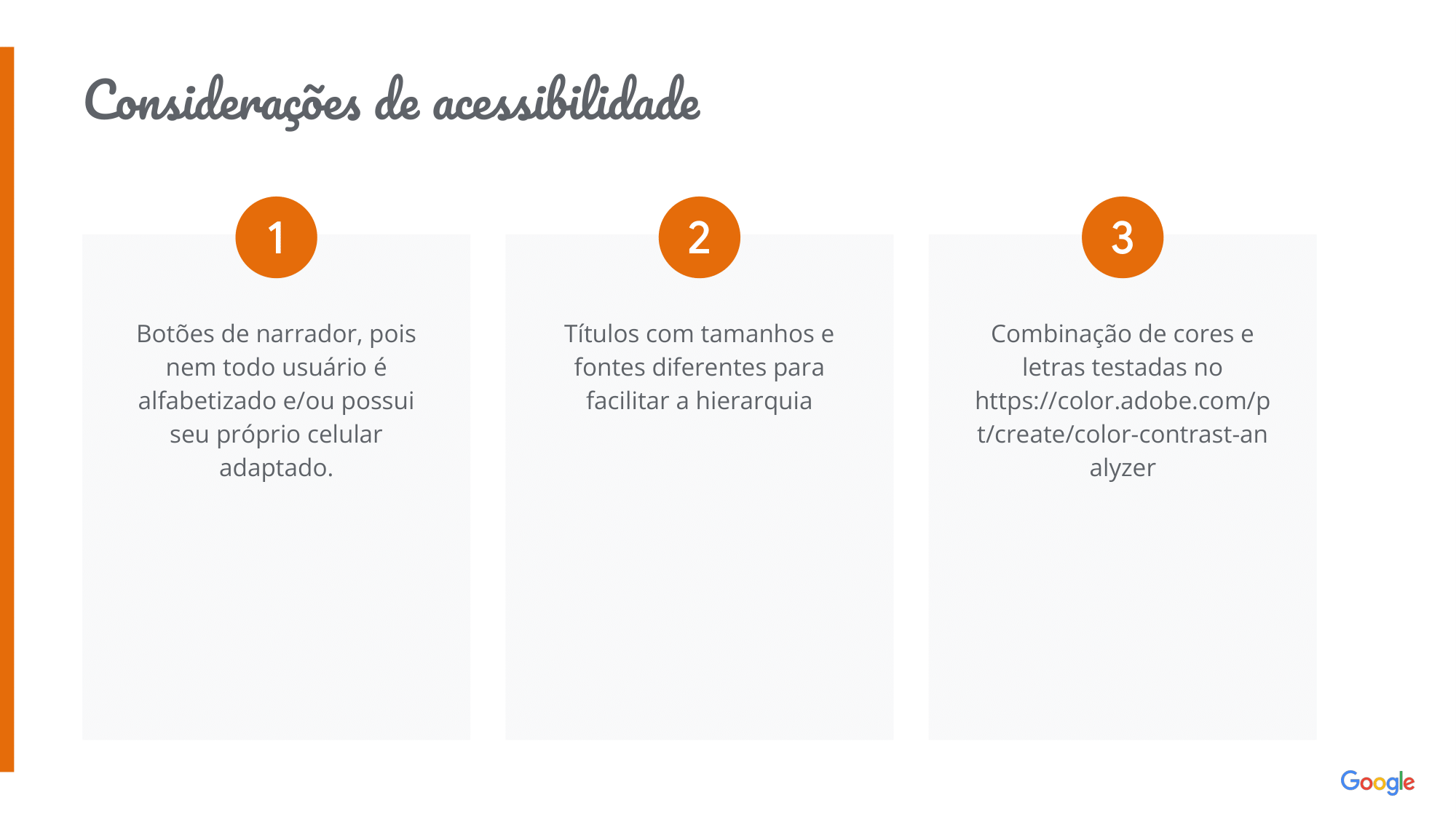 Considerações de acessibilidade: Botões de narrador, pois nem todo usuário é alfabetizado e/ou possui seu próprio celular adaptado. Títulos com tamanhos e fontes diferentes para facilitar a hierarquia. Combinação de cores e letras testadas no https://color.adobe.com/pt/create/color-contrast-analyzer