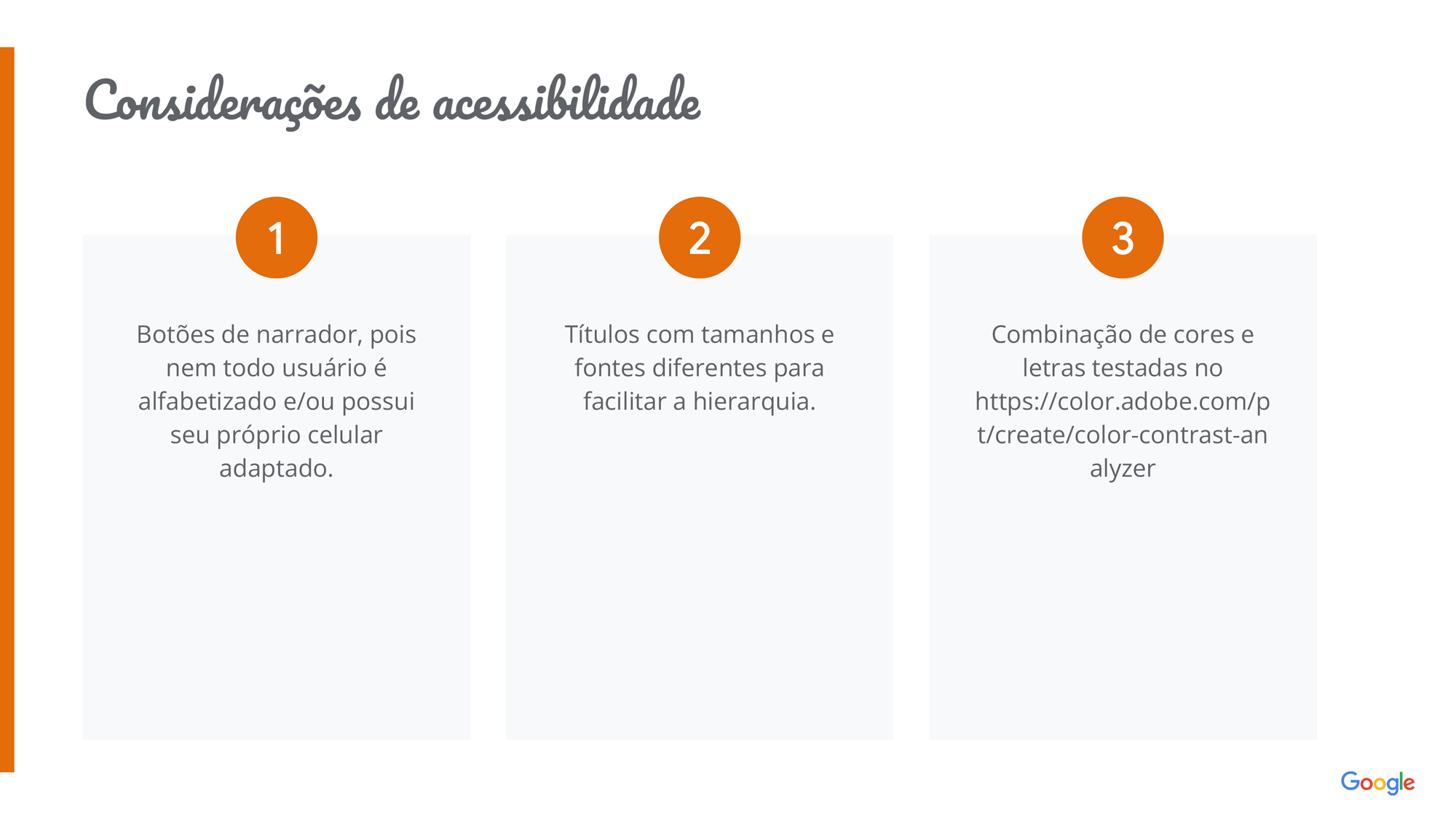 Considerações de acessibilidade: - Botões de narrador, pois nem todo usuário é alfabetizado e/ou possui seu próprio celular adaptado. - Títulos com tamanhos e fontes diferentes para facilitar a hierarquia. Combinação de cores e letras testadas no https://color.adobe.com/pt/create/color-contrast-analyzer  